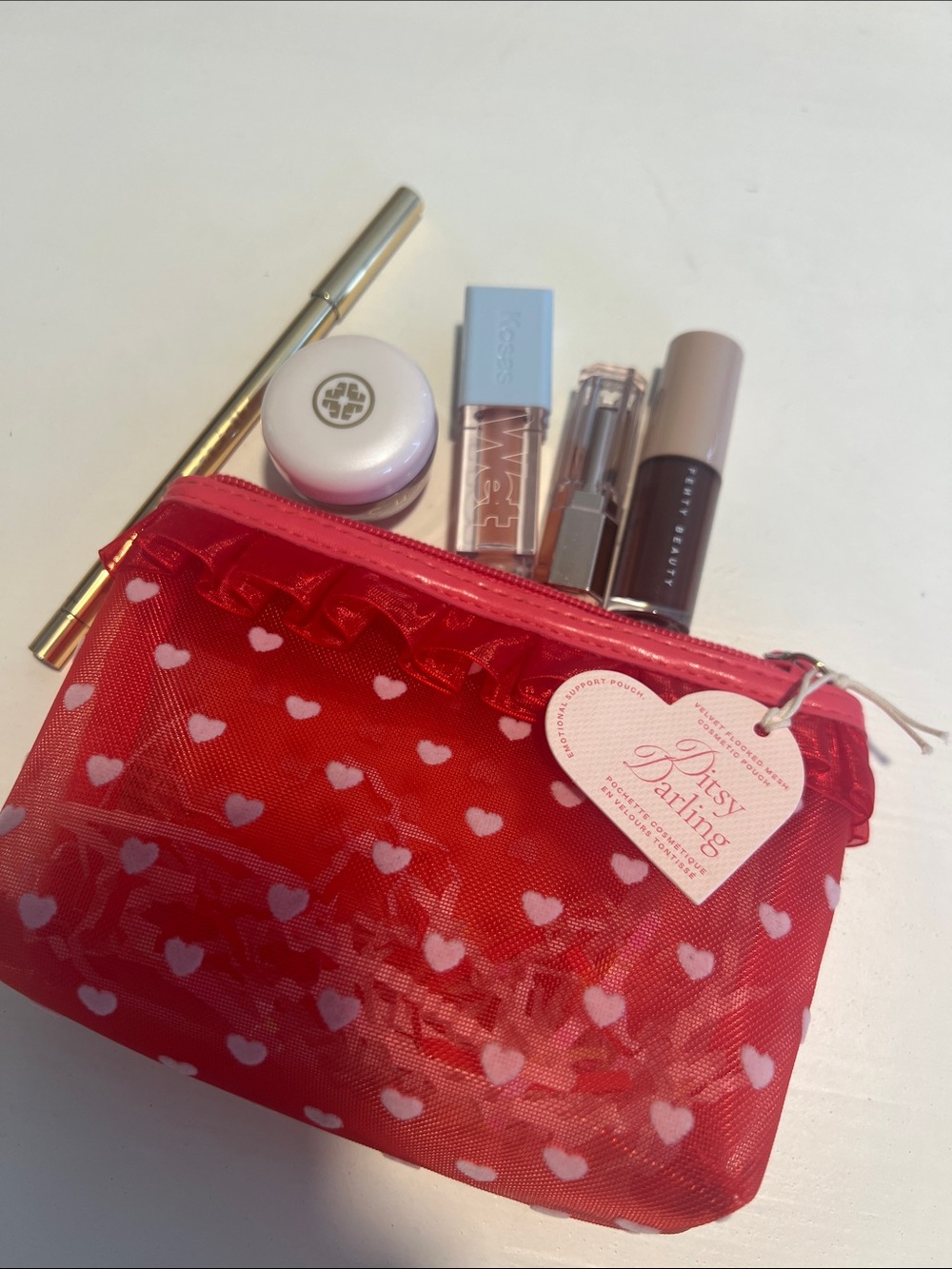Anthropologie Red Heart-Print Travel Pouch with Mini Lip Kit